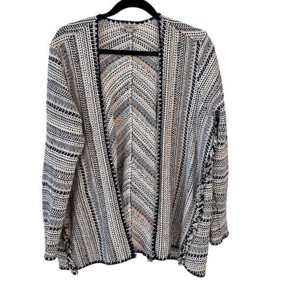 Lucky Brand Blue White Stripes Raw Hem Open Boho Cardigan Size‎ M